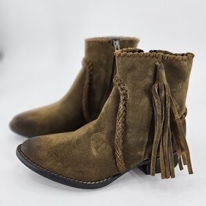 NEW Sheryl Crow OLIVE  Distressed Suede Leather TASSEL ANKLE Boot sz 7.5 M SIBEL